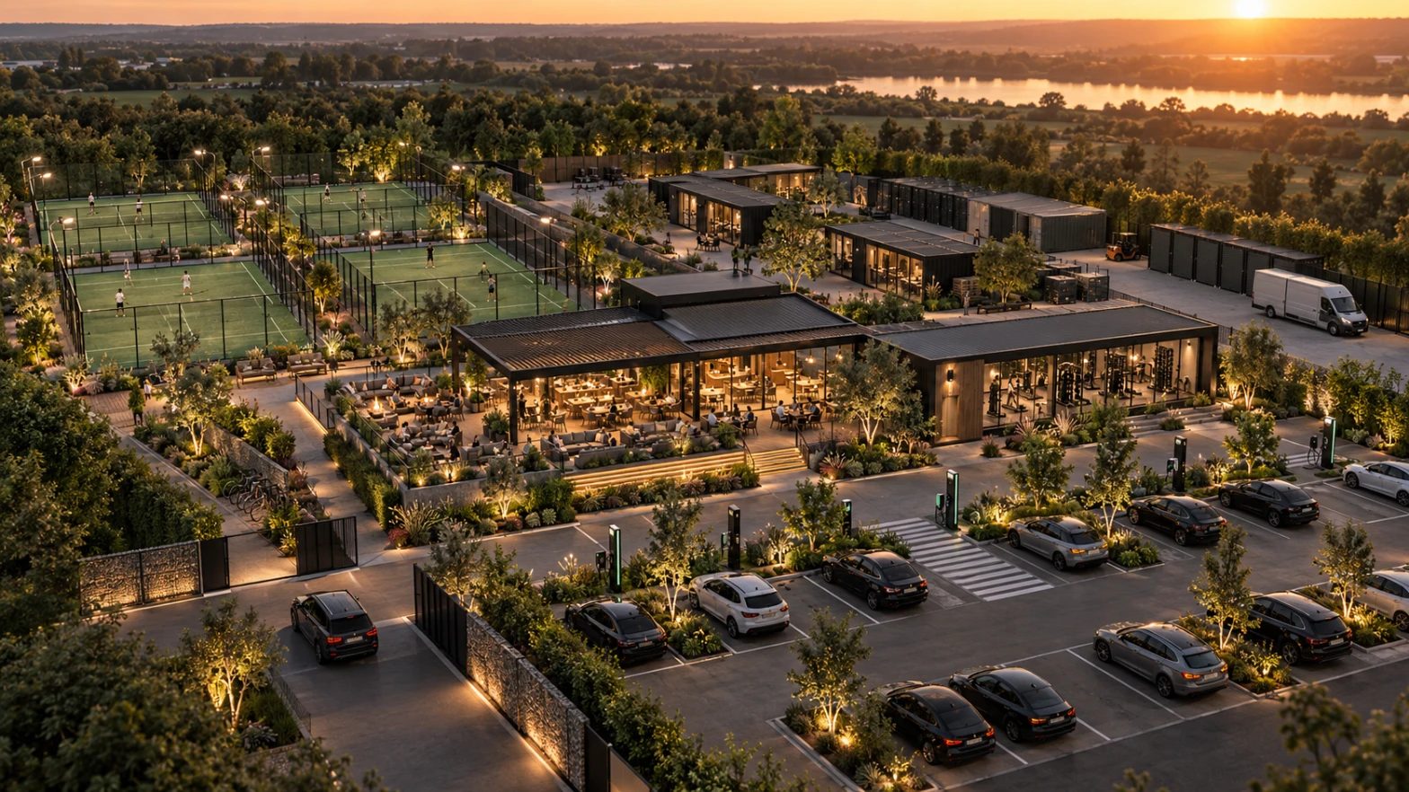 Concept visual of a KN CONNECTIVE site at sunset: courts, a social terrace, gym, storage and EV parking